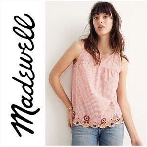Madewell Embroidered Gingham Sleeveless Tank Plaid Sunset 100% Cotton Red XXS